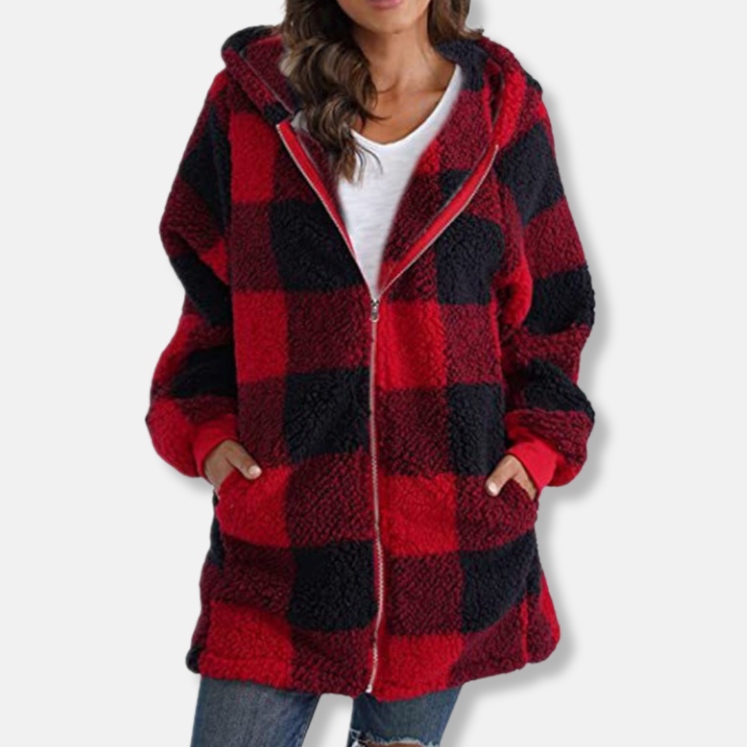 WW | Women's Hooded Jacket – Oversized Fit – Soft Knit – Plaid Pattern – Full Zip – Casual Layer