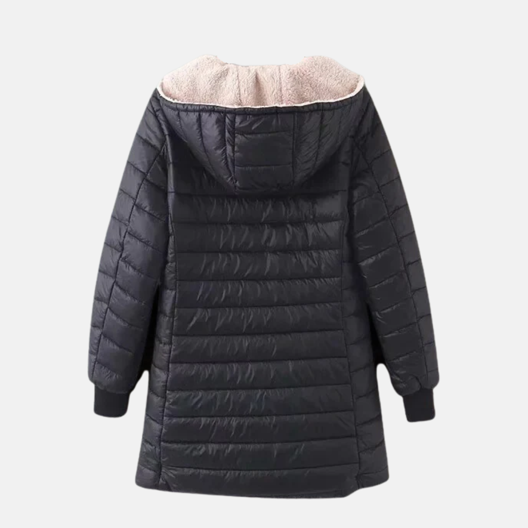 WW | Mid-length Quilted Jacket Hood Fleece Lining Zipper Ribbed Cuffs