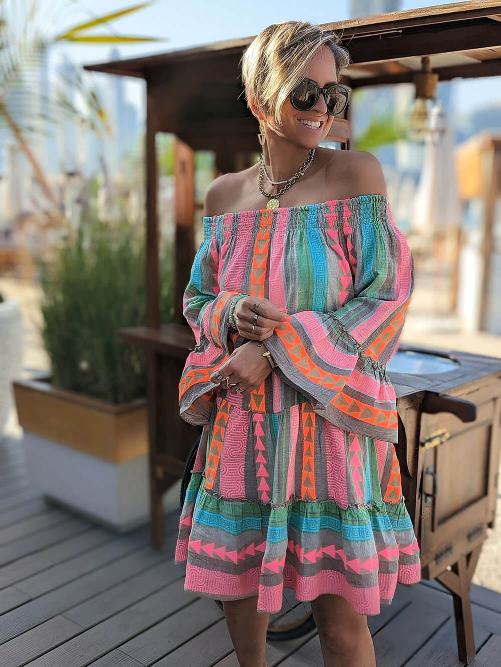 Mini dress with an ethnic pattern, linen blend fabric, off-the-shoulder and loose fit