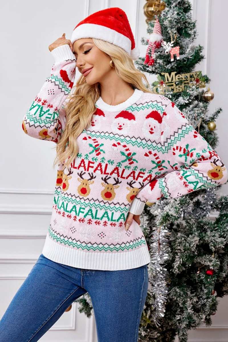 WW | Locker Sitzende Rundhals Weihnachts Cartoon Strickpullover - Pink
