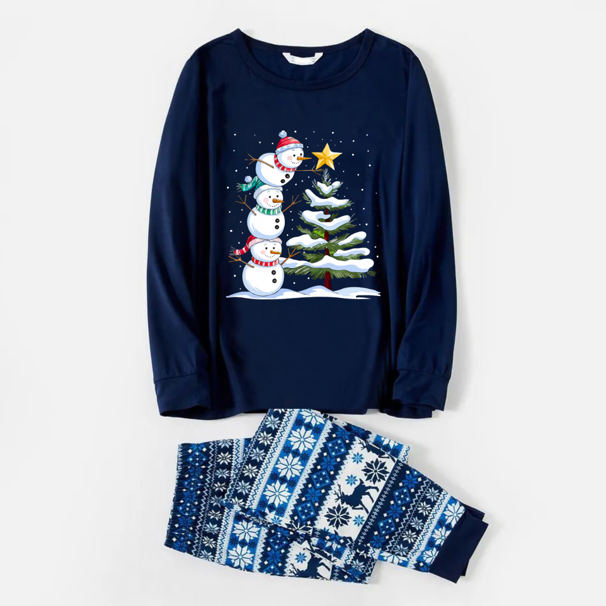 WW | Freude Blau Weihnachts-Pyjama-Set mit Schneemann- und Weihnachtsbaum-Print