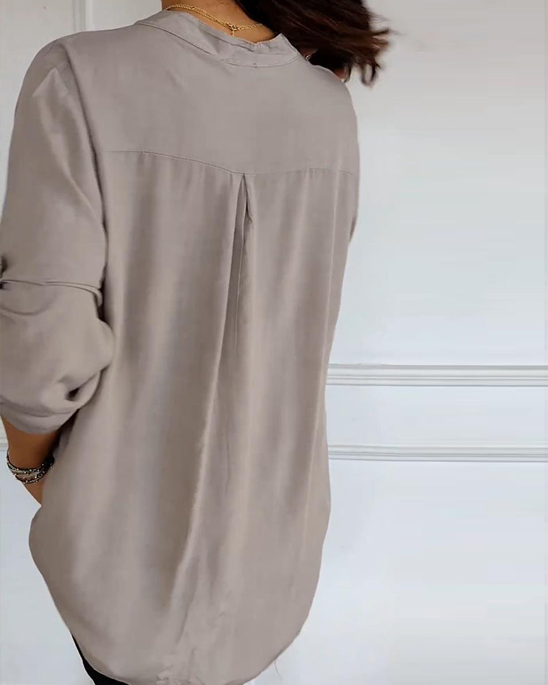 WW - Chic Blouse with Button Placket and Sequin Trim for Women | Elegant Long-Sleeved Blouse with Sequin Pocket