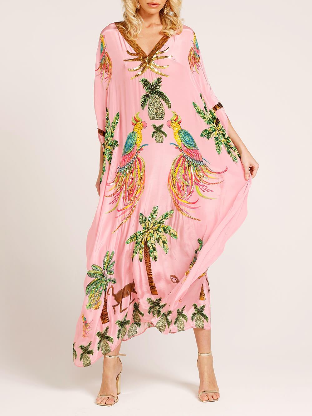 Unique Dress with Overlapping Sleeves and Coconut Palm Print