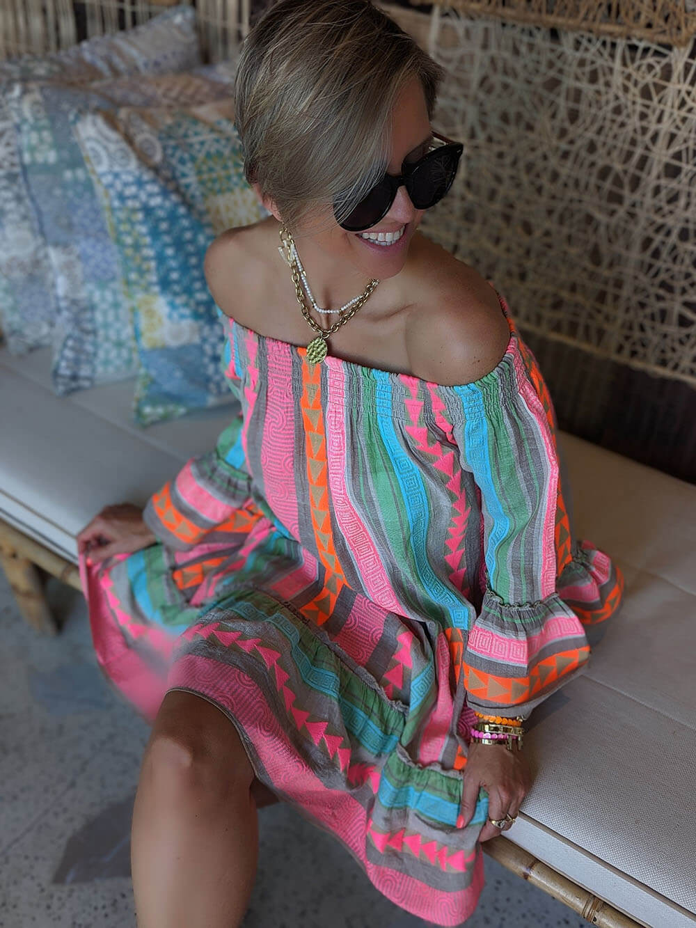 Mini dress with an ethnic pattern, linen blend fabric, off-the-shoulder and loose fit