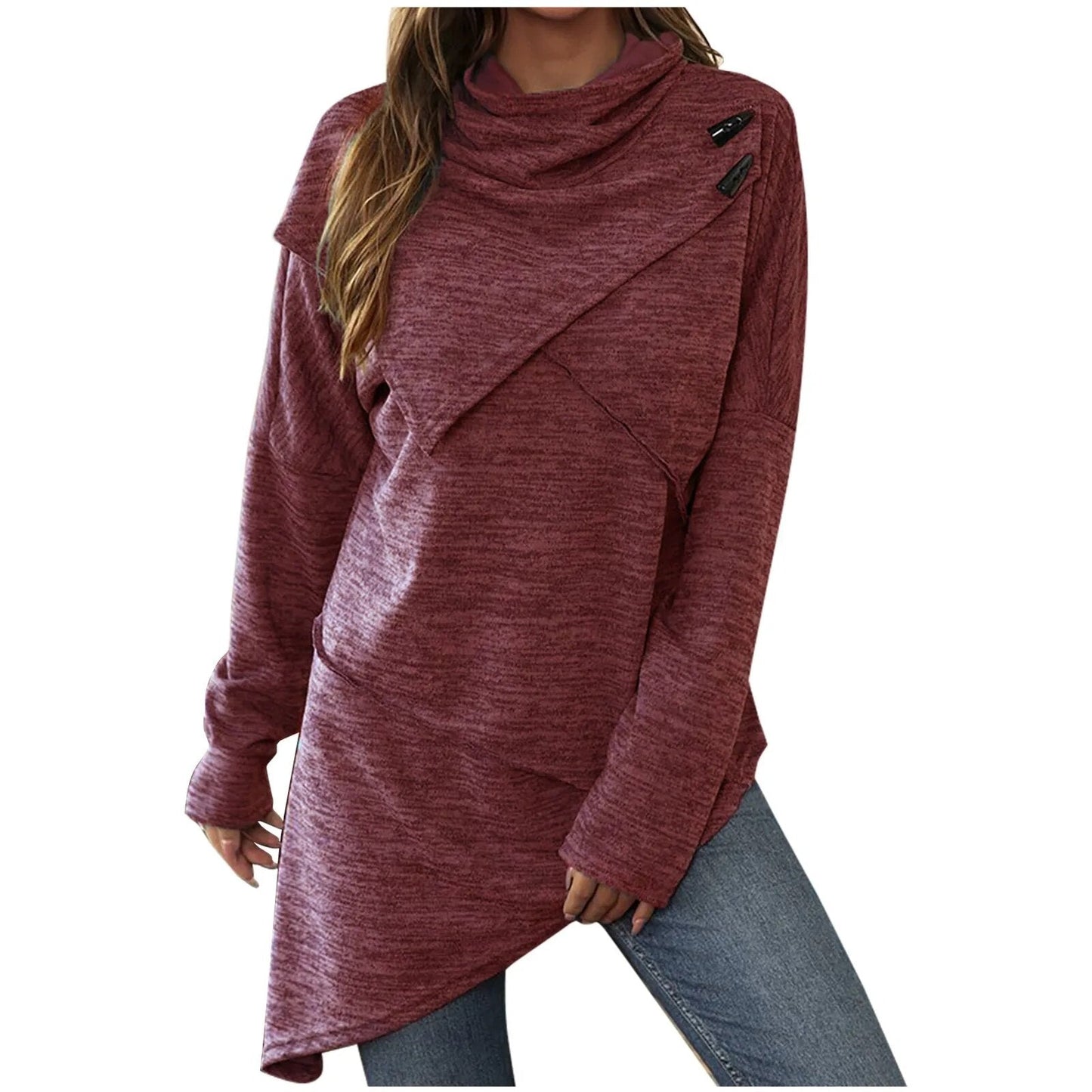 WW | Damen Hoodie - Langer Pullover mit Wickelkragen & Knopfdetails