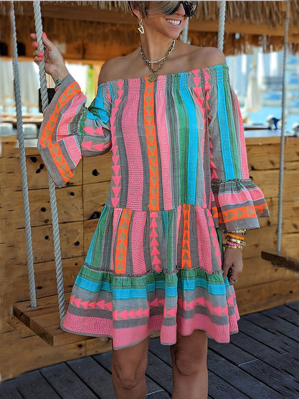 Mini dress with an ethnic pattern, linen blend fabric, off-the-shoulder and loose fit