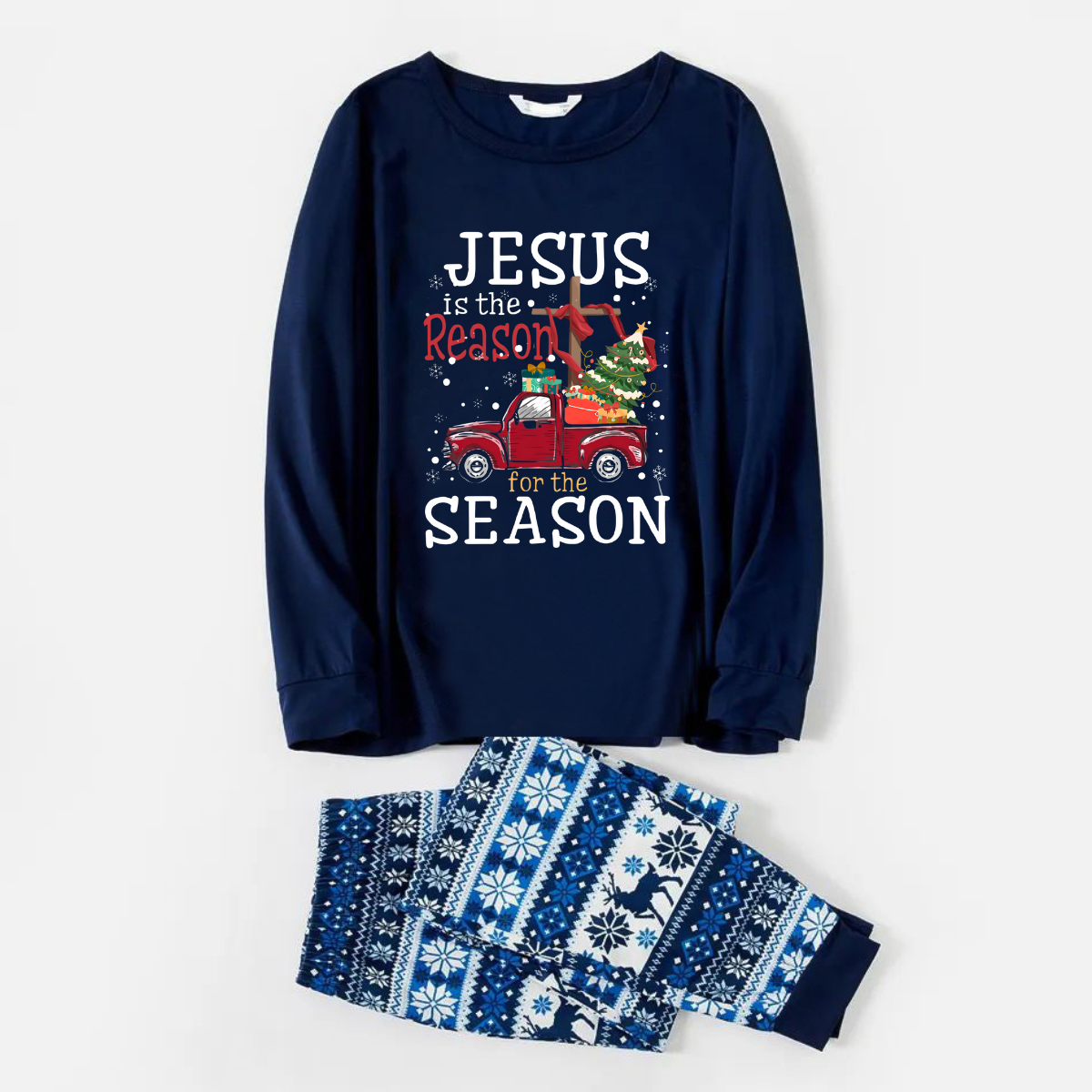 WW | Merry blue Christmas "Jesus Is The Reason For The Season" text print pajama set