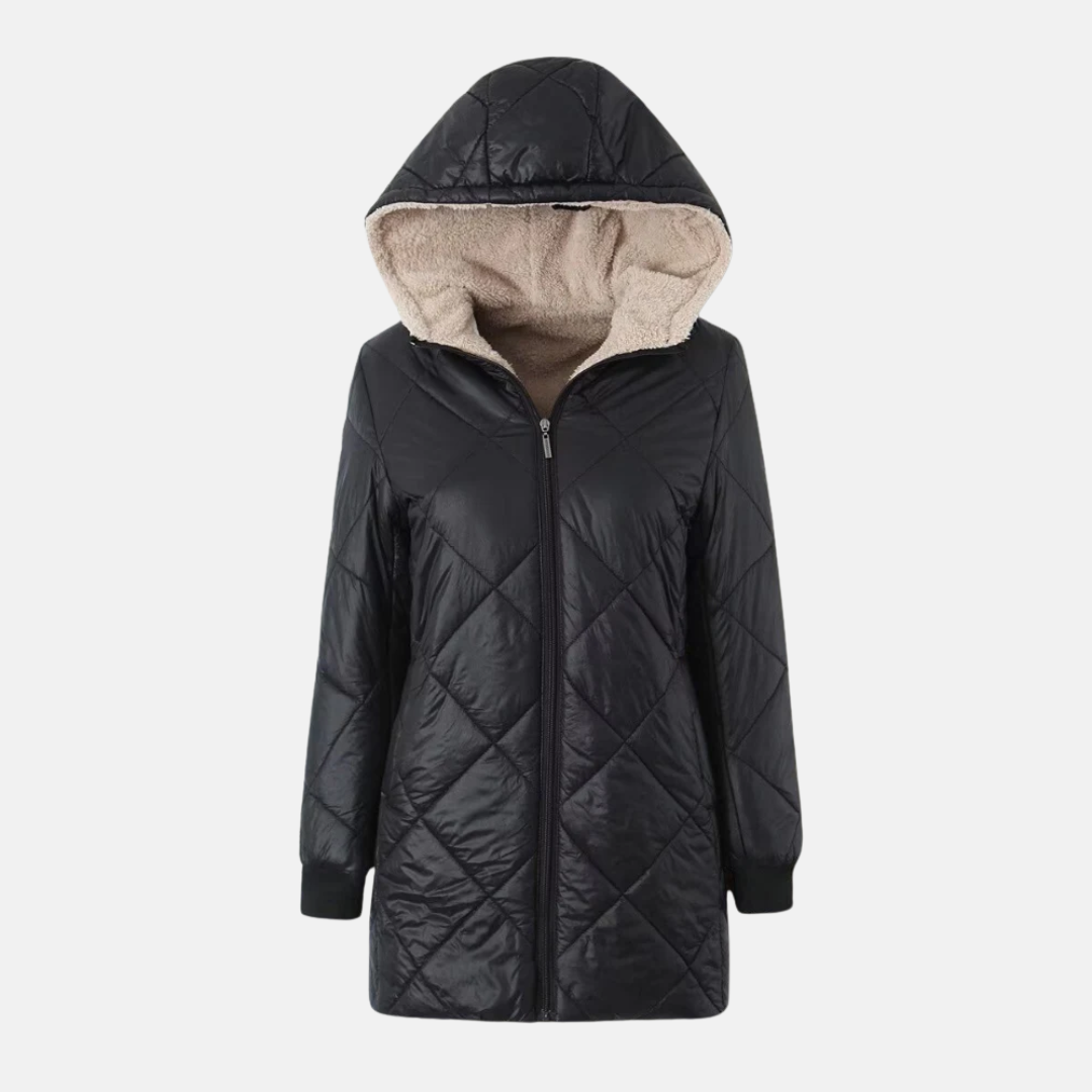 WW | Women's Hooded Quilted Coat – Straight Fit – Diamond Quilting – Reversible Hood – Mid-thigh Length