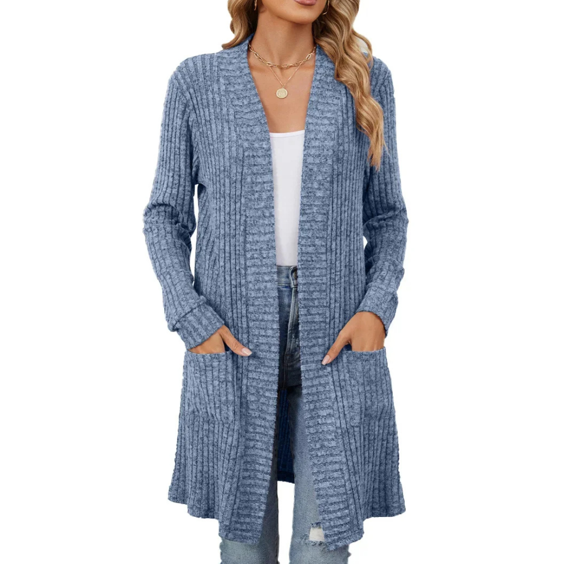 WW | Lange Strickjacken Damen Gerippte Offene Vorderseite Jacke mit Taschen