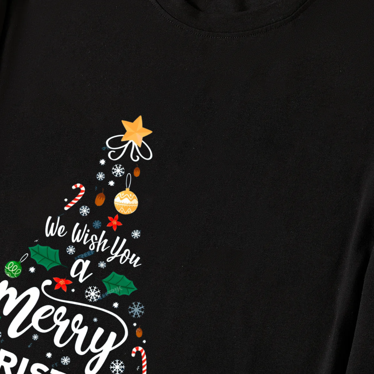 WW | "We wish you a Merry Christmas" Printed Pattern Black Long Sleeve Top with Black and Green Plaid Pants Family Matching Pajamas
