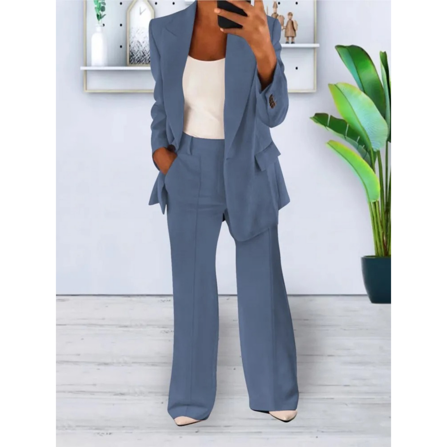 WW | lässige Passform einfarbiger lässiger Taschenblazer und Hosen Set