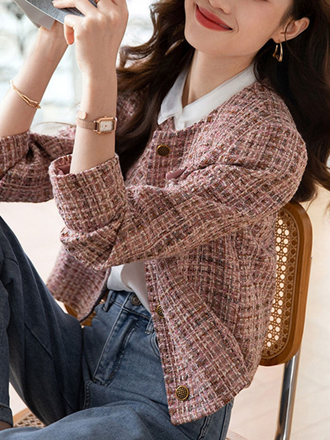 WW | Elegante Rundhals-Pink-Tweed-Jacke