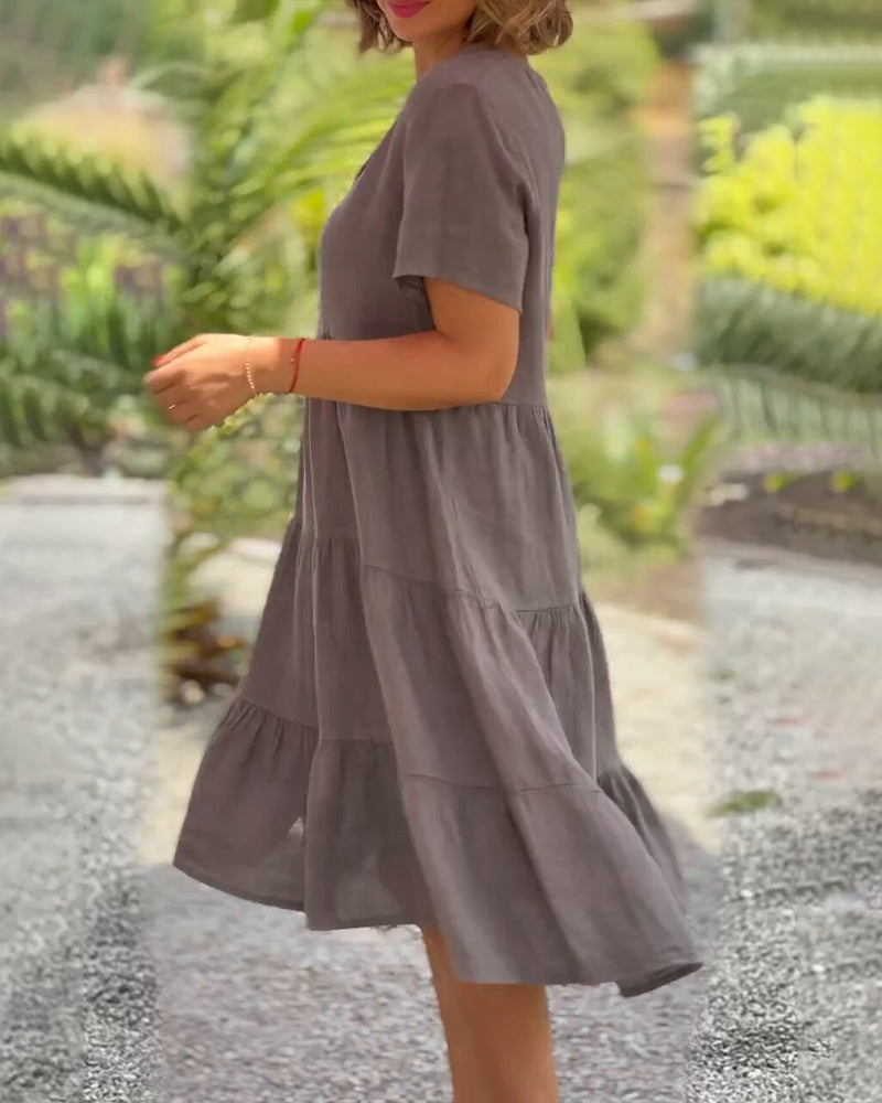 WW | Einfarbiges Kleid aus Baumwoll-Leinen mit V-Ausschnitt