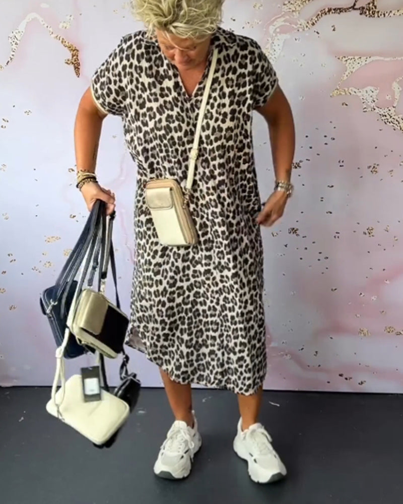 WW | Entspanntes Kleid mit V-Ausschnitt und Leopardenmuster für Damen