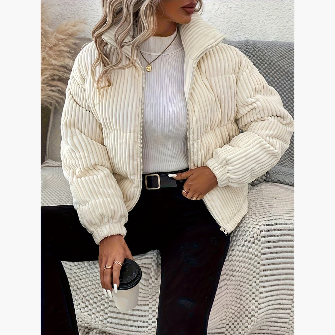 WW | Damen Ribbed Daunenjacke mit Reißverschluss Thermische Langarmjacke