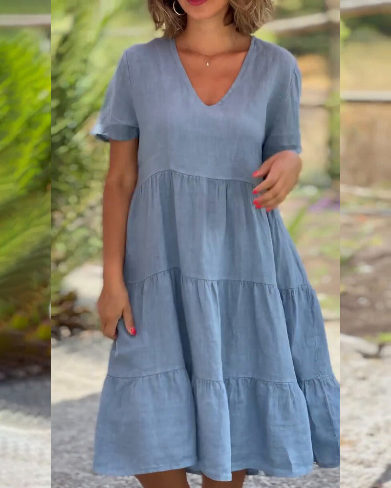 WW | Einfarbiges Kleid aus Baumwoll-Leinen mit V-Ausschnitt
