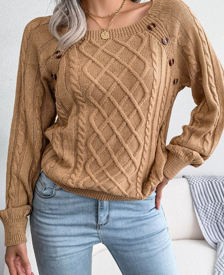 WW | Pullover - Gestrickter eleganter Damen-Pullover mit Knöpfen und Rippenmotiv