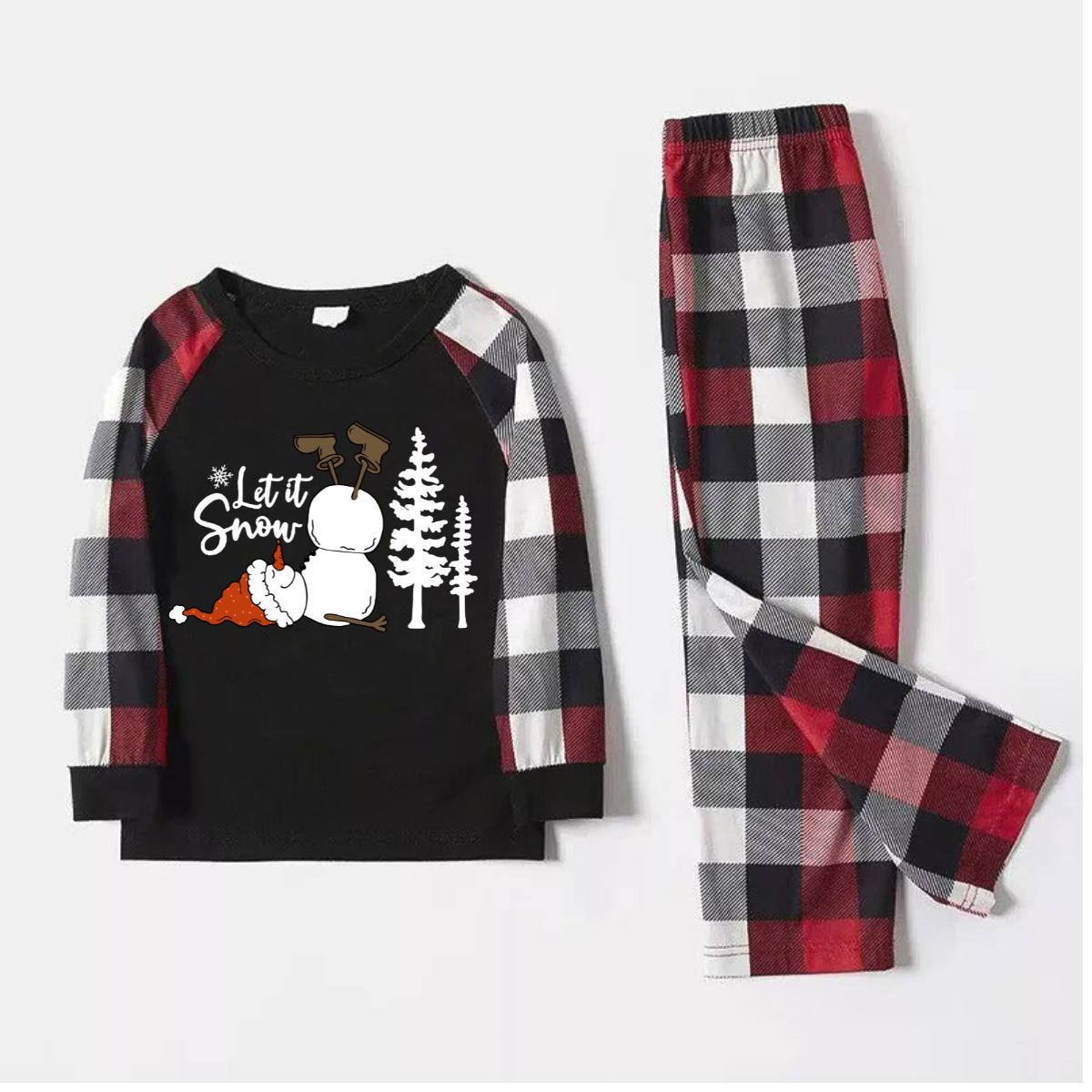 WW | Let it Snow Letter and Snowman Pattern Contrast Top with Red&Black&White Plaid Sleeves Family Matching Pajamas