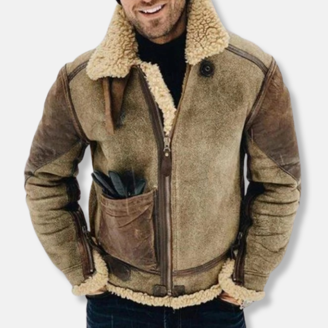 WW | Wildleder Aviatorjacke - Mit Schaffell gefütterte Kragenjacke