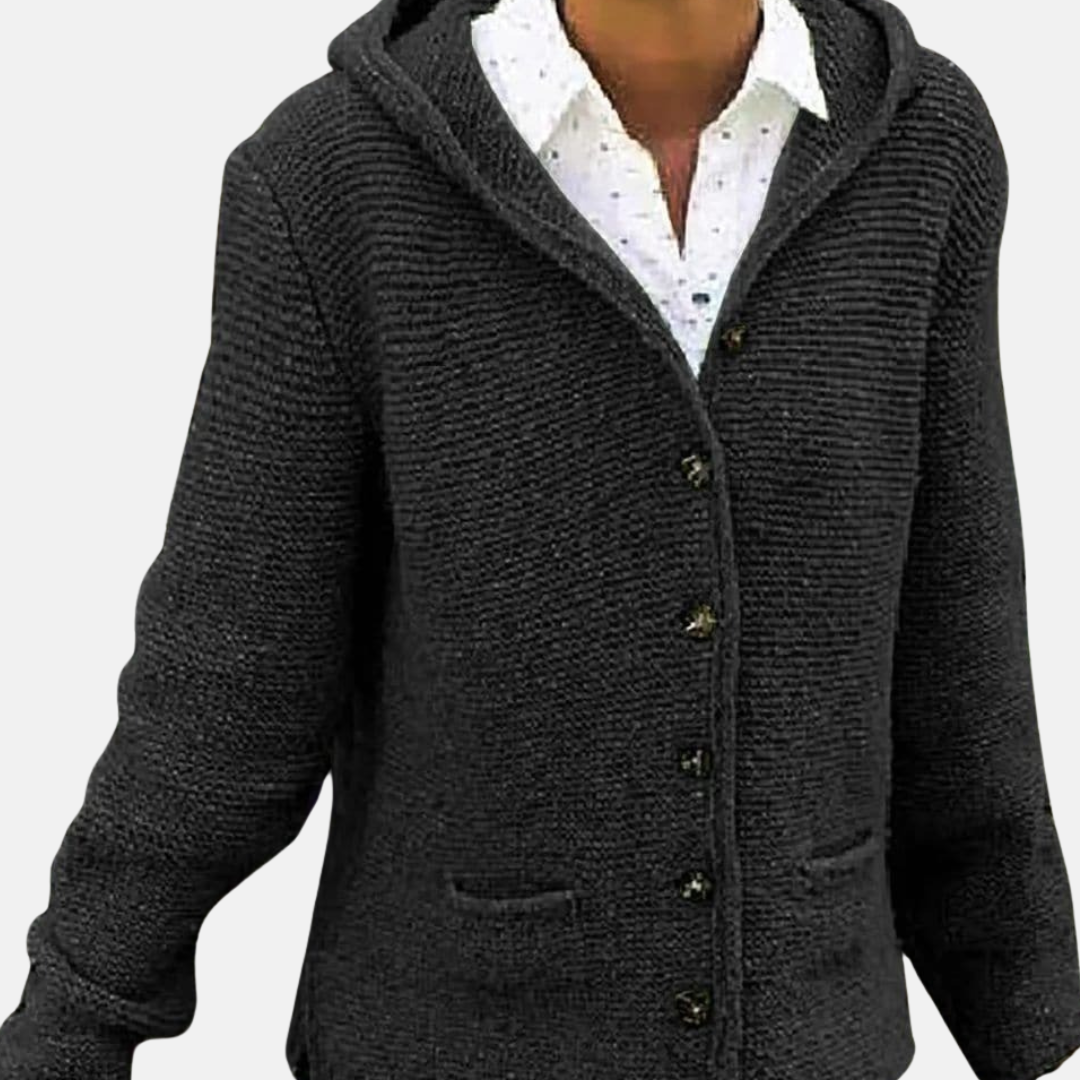 WW | Woll Kapuzencardigan - Knopf-Front Rippenstrickcardigan