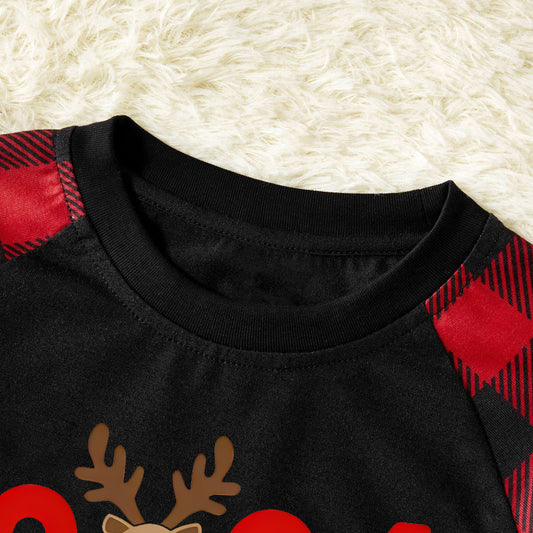 WW | "2025 Family Christmas" Elk Letter Print Black & Red Plaid Family Matching Black Pajamas