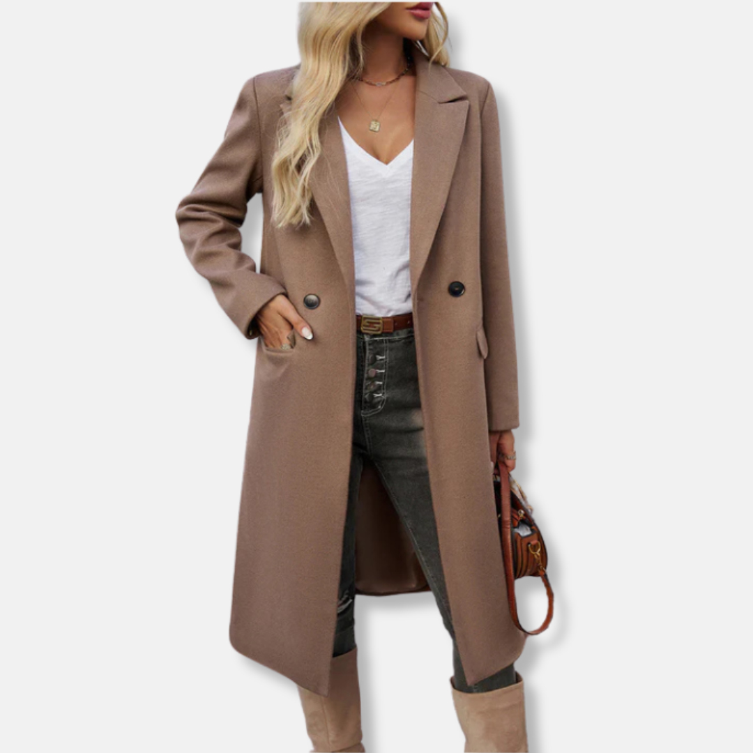 WW | Women's Long Coat – Wool Blend – Relaxed Fit – Double-Breasted – Lapel Collar