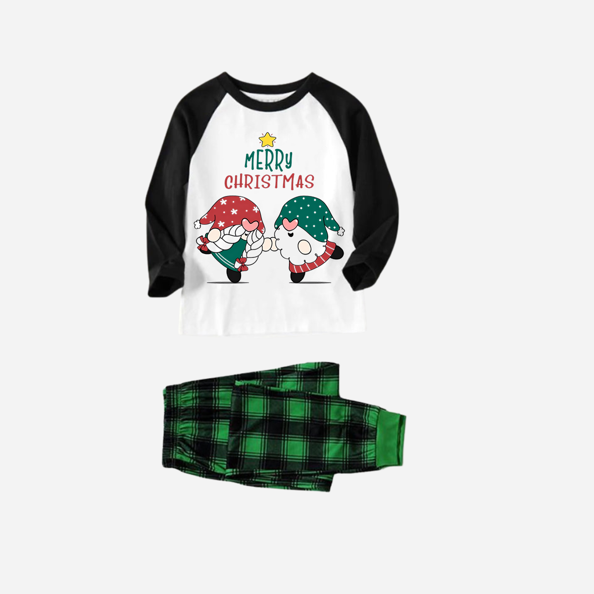 WW | Black Raglan Top Green Plaid Gnome & Merry Christmas Text Print Christmas Pajama Set