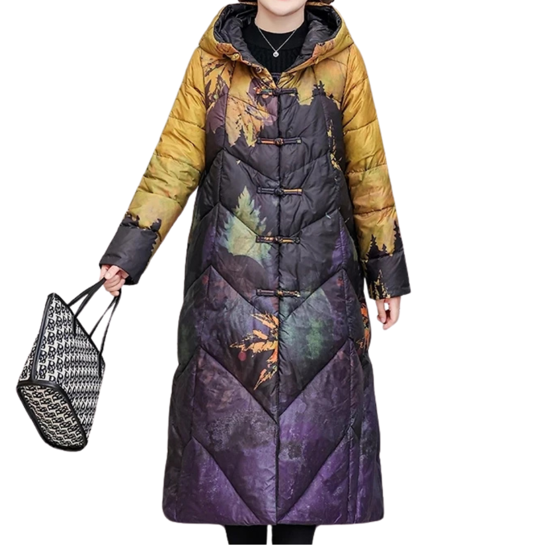 WW | Damen Lange Winter Puffermantel Blattdruck