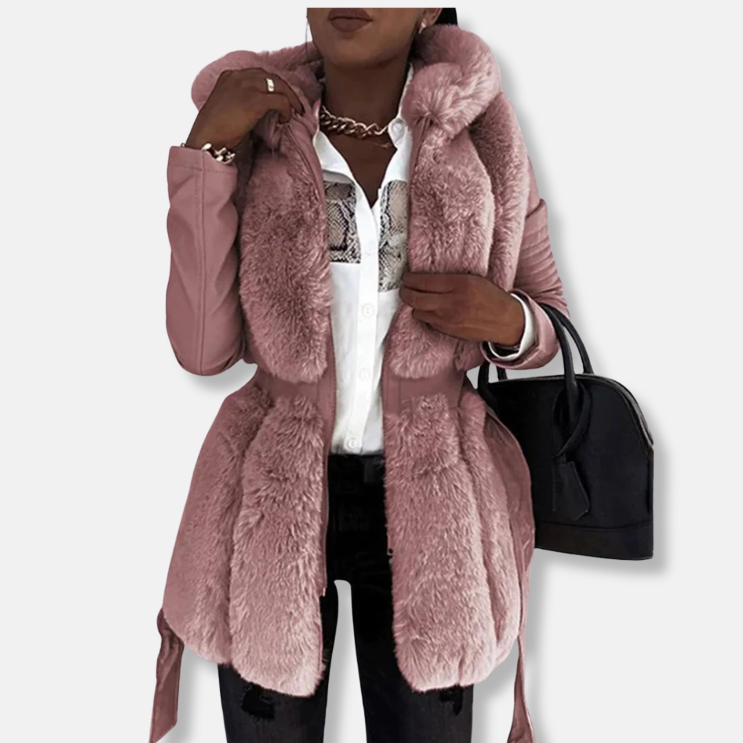 WW | Women's Mid-Length Coat – Faux Fur Front – Tailored Fit – Waist Belt Loop – Long Sleeves