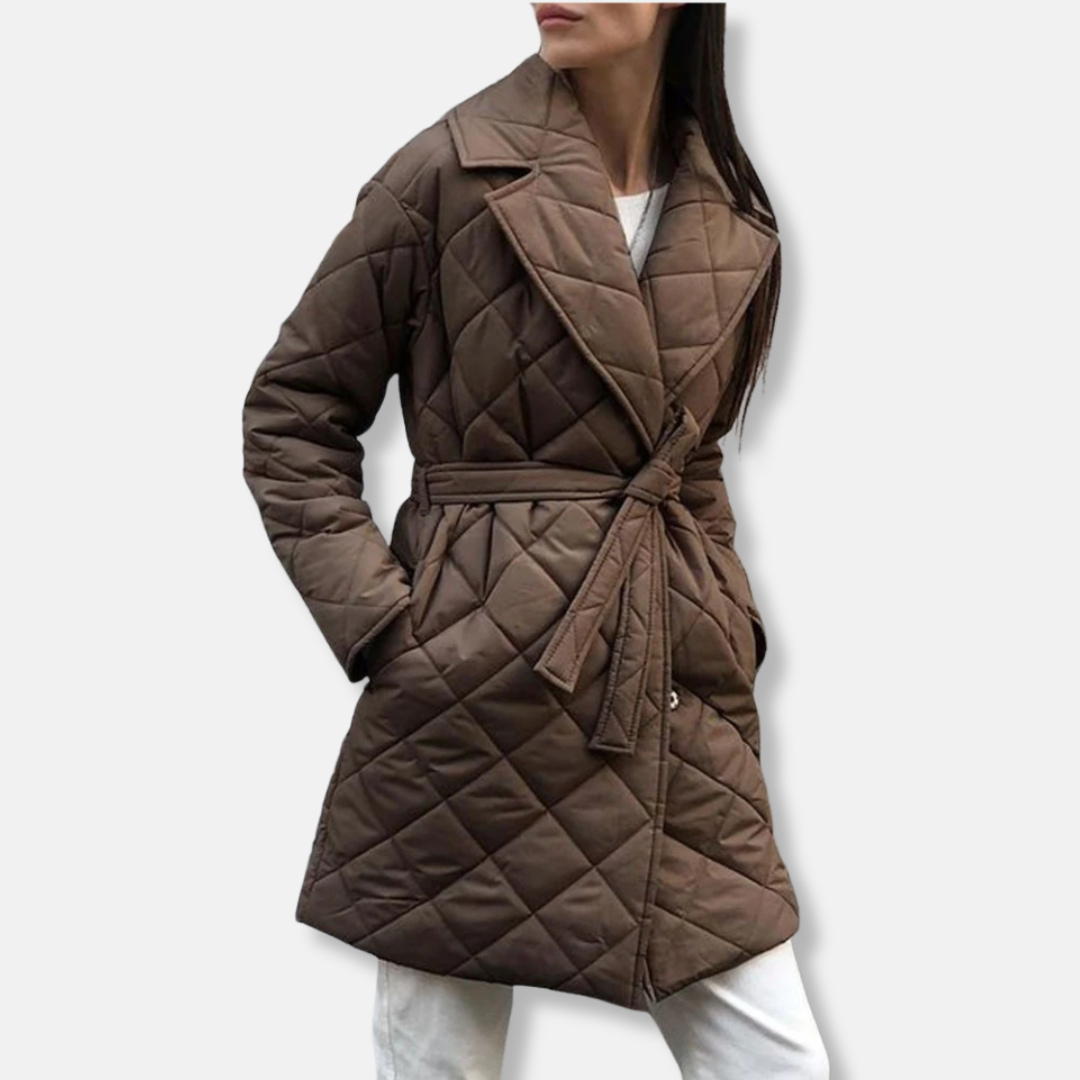 WW | Women's Quilted Coat – Mid-Length with Belt – Diamond Pattern – Lapel Collar – Side Pockets
