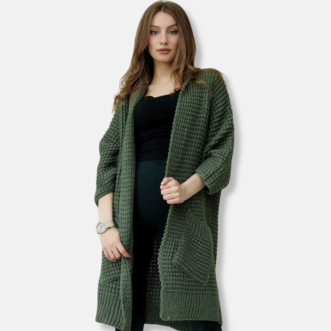 WW | Knitted Coat - Oversized Fit - Open Front - Patch Pockets - Ribbed Trims