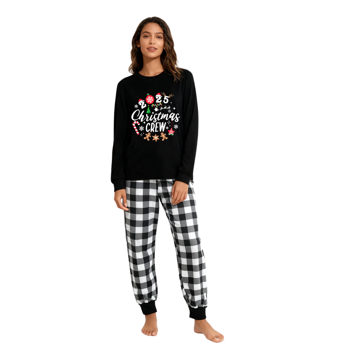 WW | 2025 Weihnachts Crew Gemeinsam Erinnerungen Schaffen Textdruck Schwarzes Langarmshirt mit Schwarz-weissem Karohosen Familienpassende Pyjamas