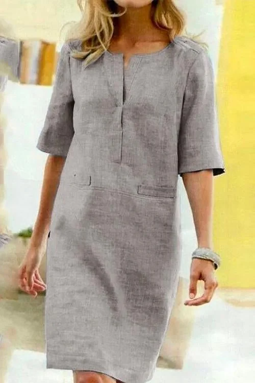 WW | Straight Cotton and Linen Dress with Short Sleeves