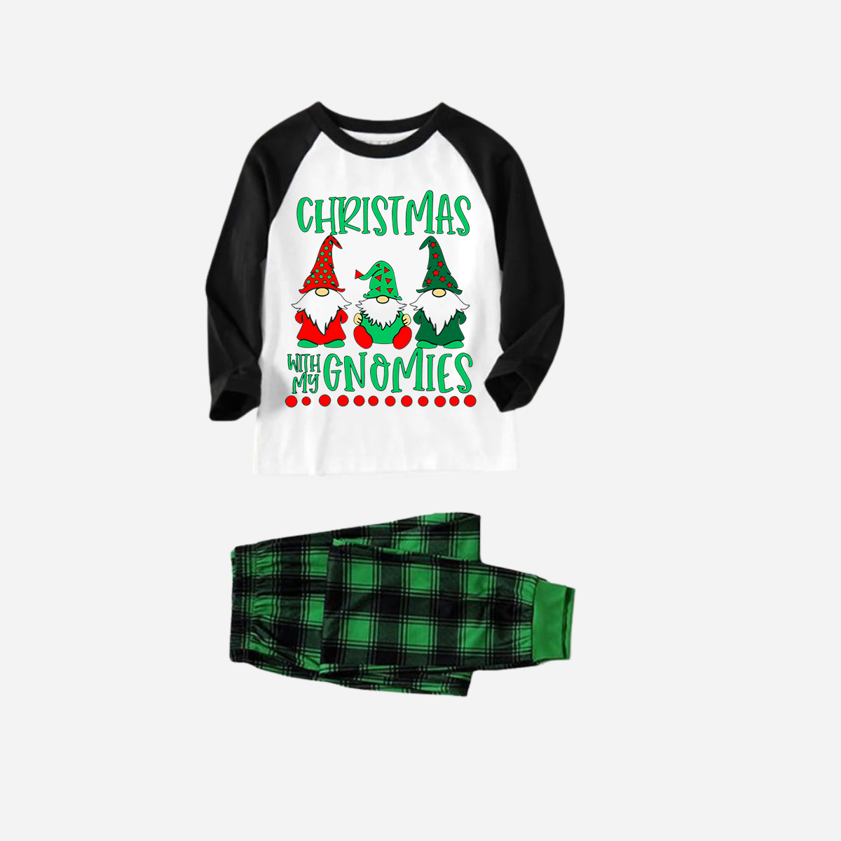 WW | Black raglan top with green check Christmas pyjama set with "Christmas with my Gnomies" text print