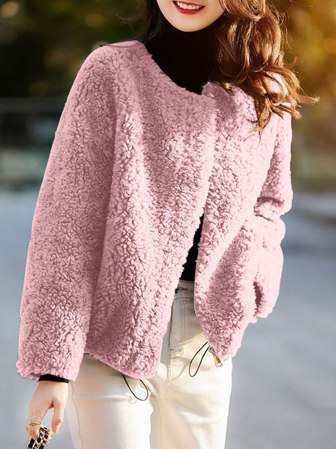WW | Lässige einfarbige Struktur-Fleece-Oberbekleidung