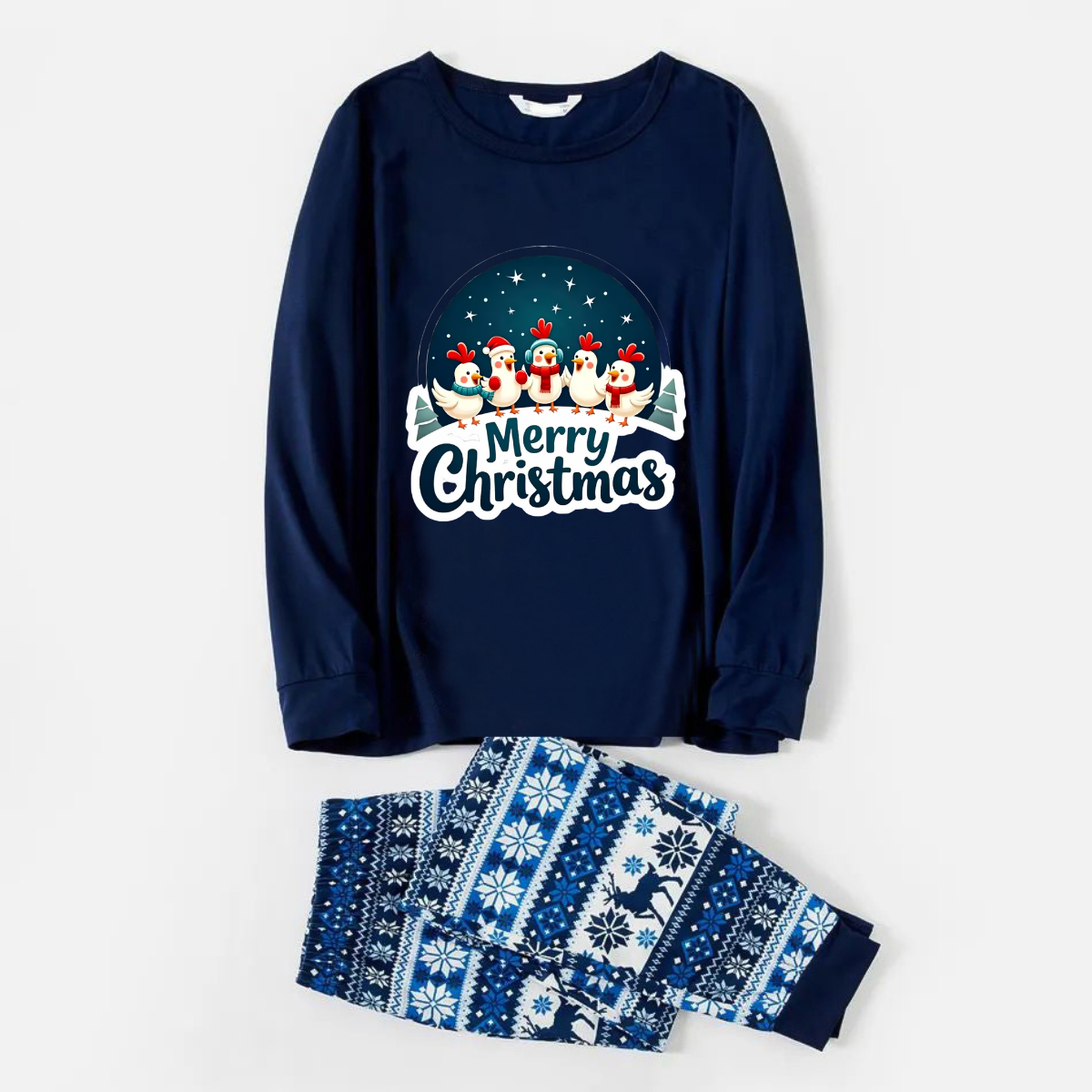 WW | Lustige blaue Weihnachts-Pyjama-Set mit glücklichen Küken und "Frohe Weihnachten" Textdruck