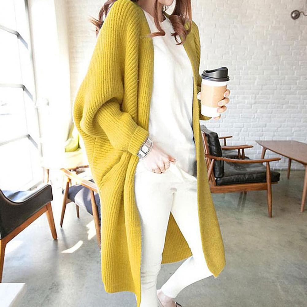 WW | Lange Strickjacke Weiches Strickmaterial Offene Vorderseite Lockerer Schnitt Mit Taschen