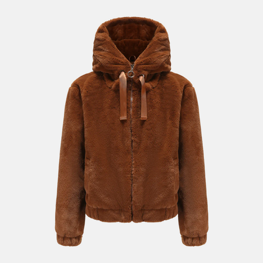 WW | Short Coat Loose Fit Fluffy Sherpa Look Hood Elasticated Cuffs