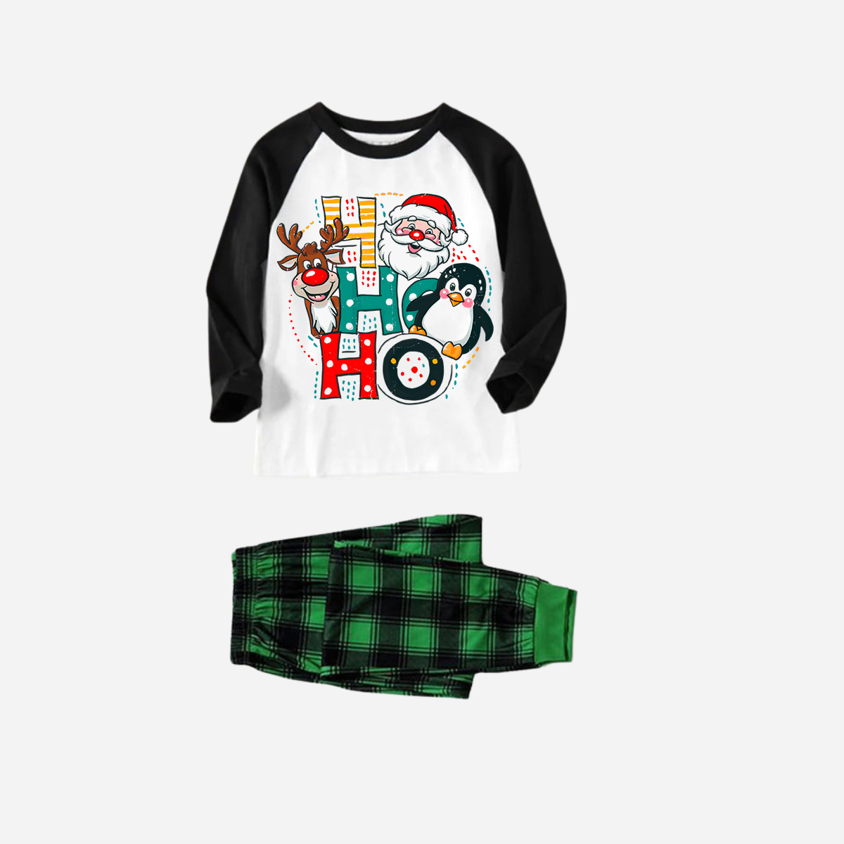 WW | Schwarzes Raglan-Oberteil Grünes Karomuster Weihnachts-Pyjama-Set mit "HO HO HO"-Musterdruck