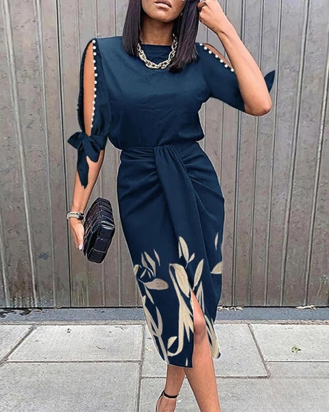 Selena - Bound Waist Dress with Pearl Embellishments and Botanical Print