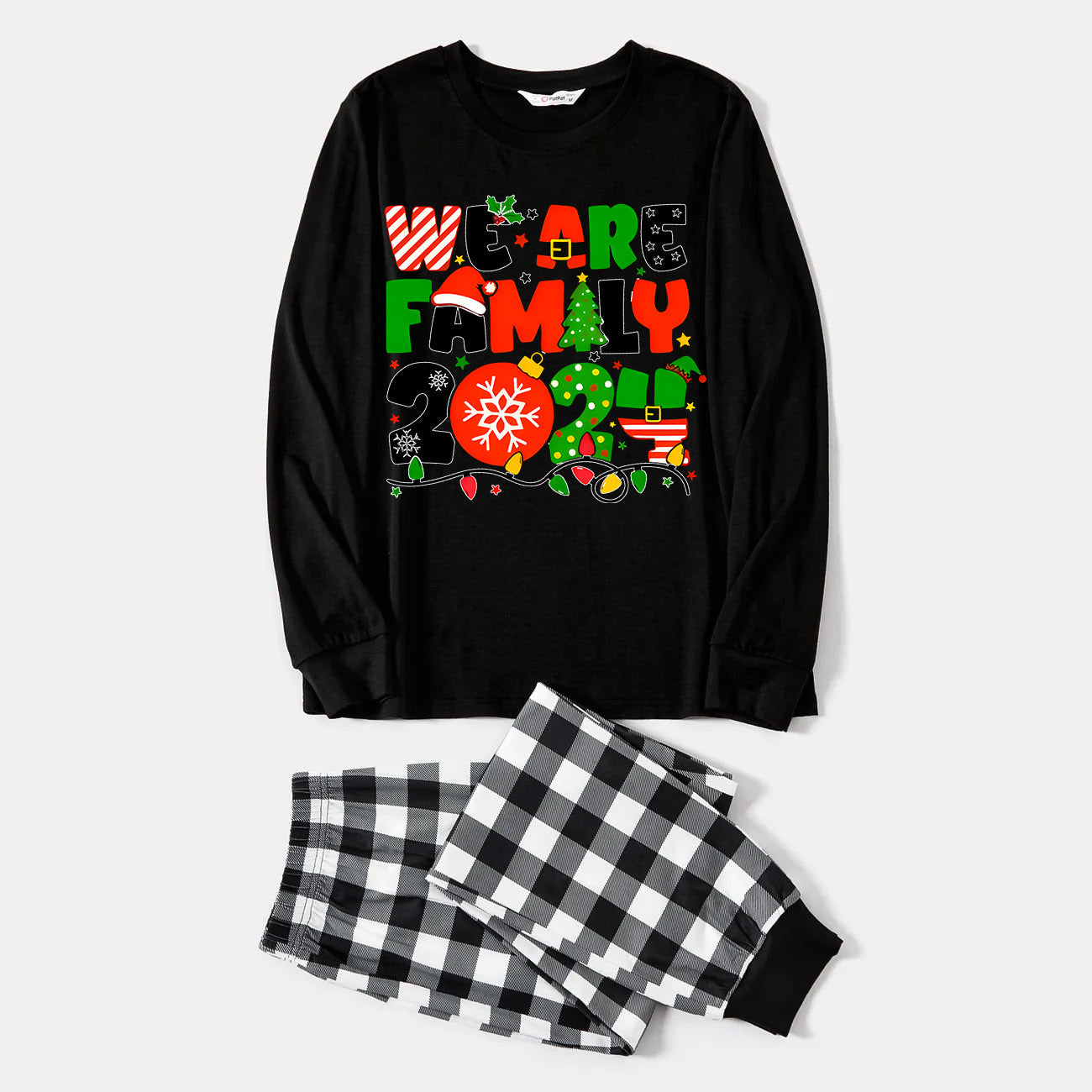 WW | Christmas "We Are Family" Colorful Multi-Element Letter Black Long Sleeve Top with Black and White Plaid Pants Family Matching Pajamas