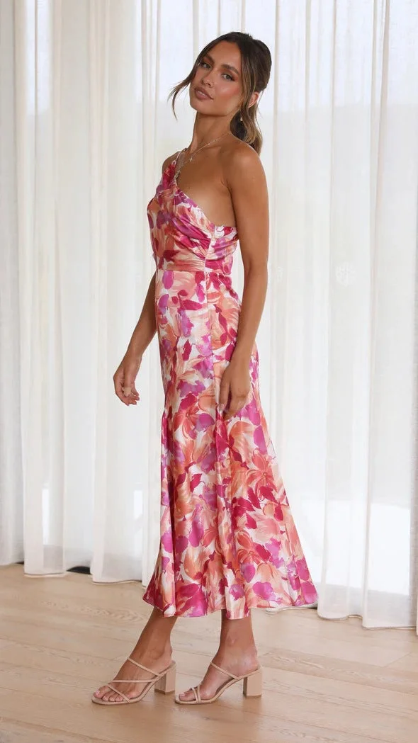 Floral Satin Ruched One-Shoulder Dress