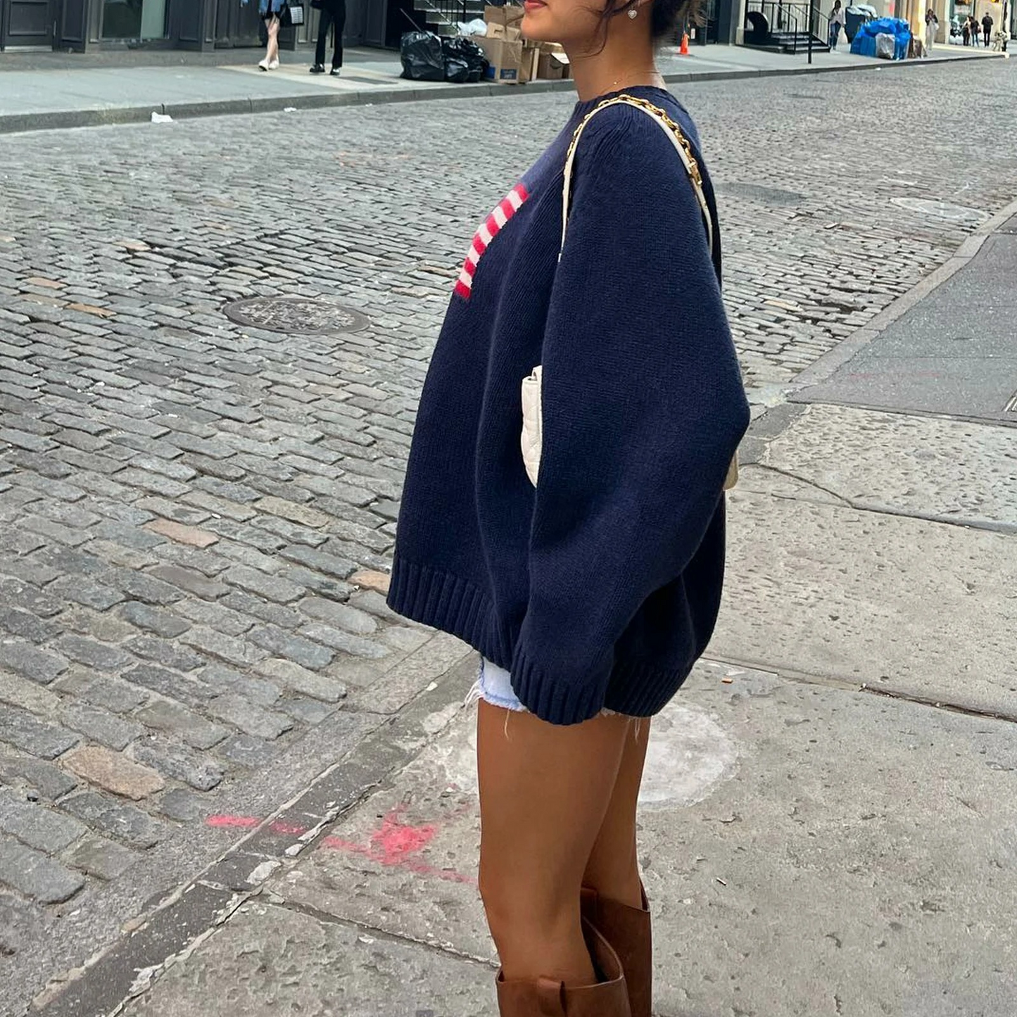 WW | Damen Pullover mit Flaggen-Motiv - Strick Sweater im Retro-Look für Herbst & Streetstyle