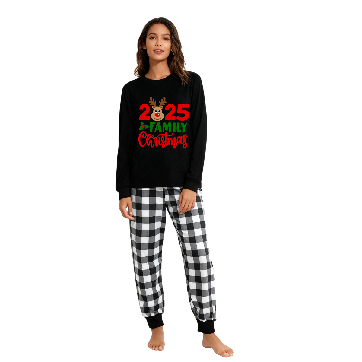 WW | "2025 Family Christmas" Elk Letter Print Black Long-Sleeve Top & Black-and-White Plaid Pants Family Matching Pajamas
