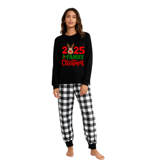WW | "2025 Family Christmas" Elk Letter Print Black Long-Sleeve Top & Black-and-White Plaid Pants Family Matching Pajamas