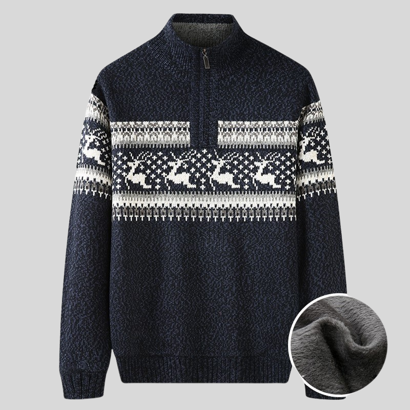WW | Nordic Knitted Sweater Half-Zip with High Collar Warm Plush Lining