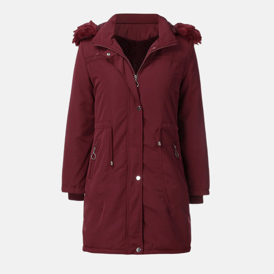 WW | Long Padded Jacket Straight Cut Hood with Faux Fur Water-Repellent Adjustable Waist Zip Fastening with Press Studs Mid-length