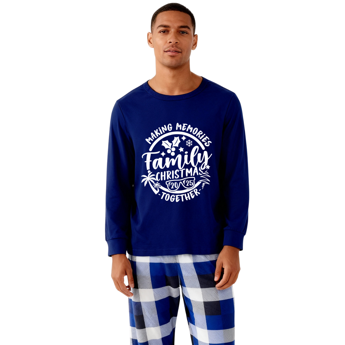WW | "2025 Family Christmas Memories in the Making" Printed Blue and White Plaid Family Matching Pajamas