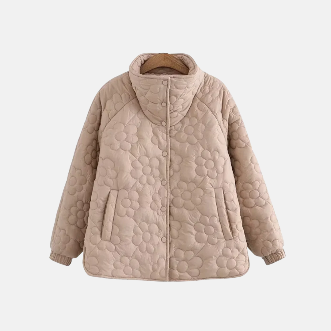 WW | Steppjacke Lockere Passform Florale Stickerei Druckknopfverschluss Stehkragen