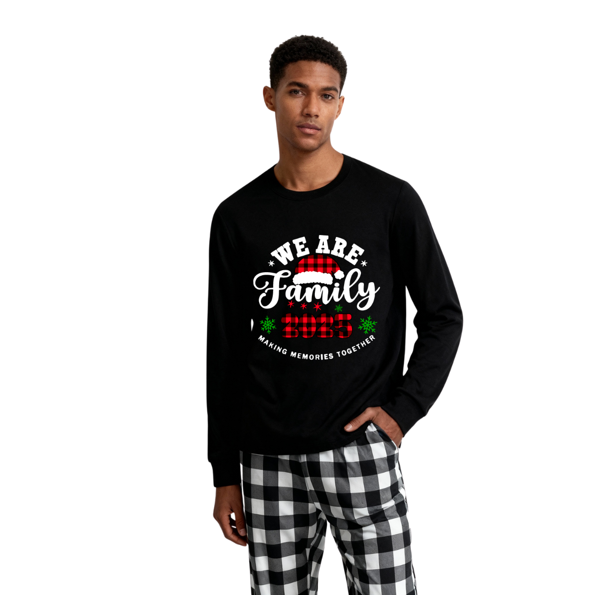 WW | "Wir sind Familie2025" Santa Hut Monogramm Druck Schwarz Langarmshirt mit Schwarz-Weiß karierten Hosen Familien passende Pyjamas